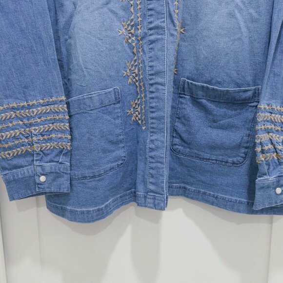Canyon Retreat Blue Jean Jacket Shacket L Large Embroidered Dessert Boho Cotton - Picture 3 of 6